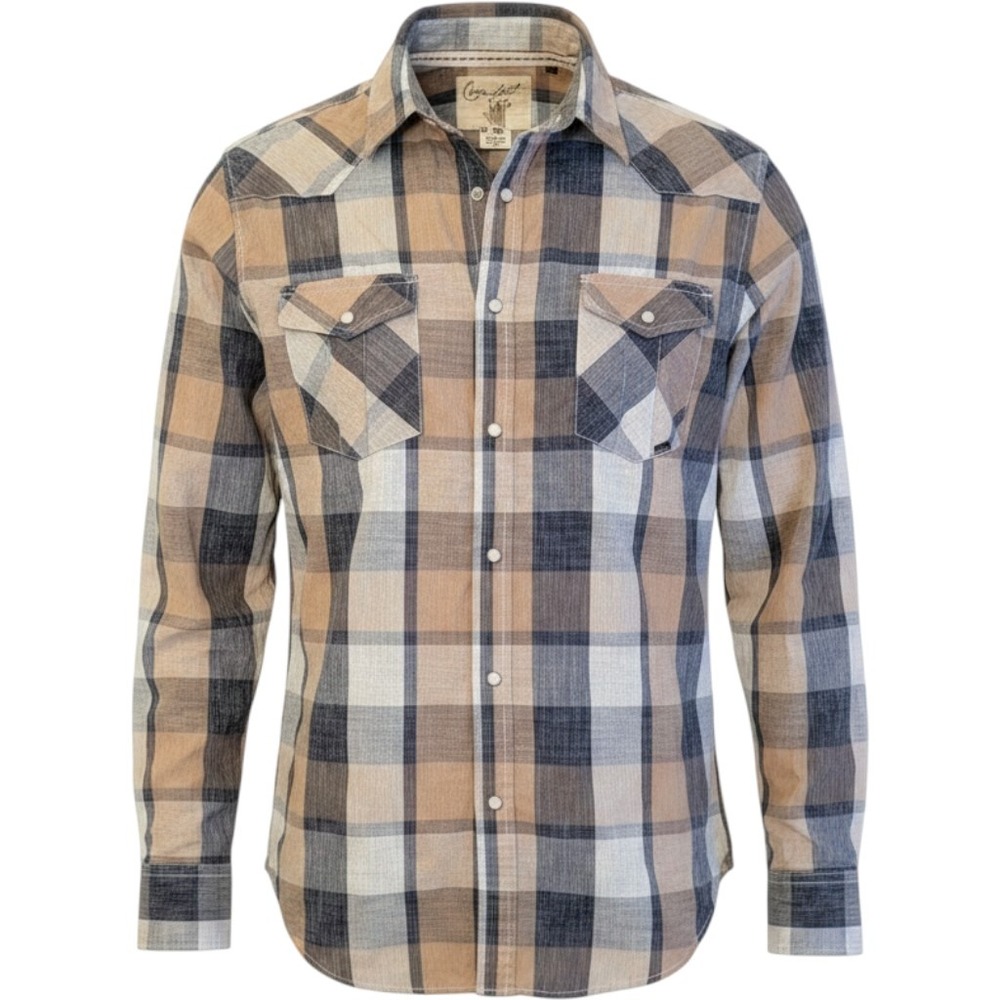 Coastal Western Pearl Snap Shirt Mens XL Tan Blue Plaid Long Sleeve Excellent - Picture 1 of 10